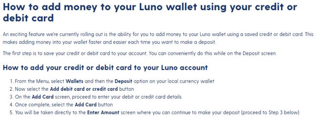 कार्ड के साथ luno.com फंड का स्क्रीनशॉट