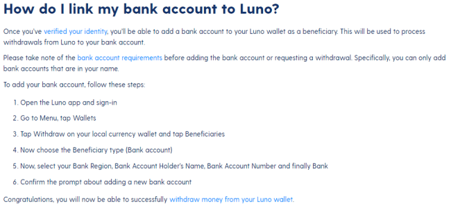 Luno.com लिंक बैंक खाते का स्क्रीनशॉट